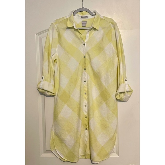 Chico's‎ Button Down Dress Buffalo Plaid Yellow White S 2 Swim Suit Coverup - Picture 1 of 4